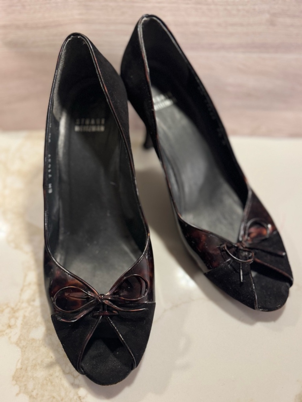 Stuart Weitzman Black Tortoise Peep-Toe Bow Pumps